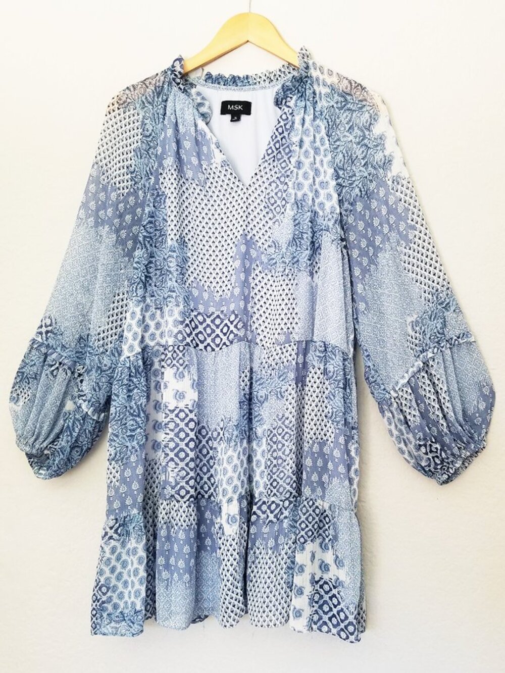 MSK Ruffle V Neck Baby Doll Dress XL Chiffon Patchwork Blue Shimmer Boho Cottage - Picture 2 of 15